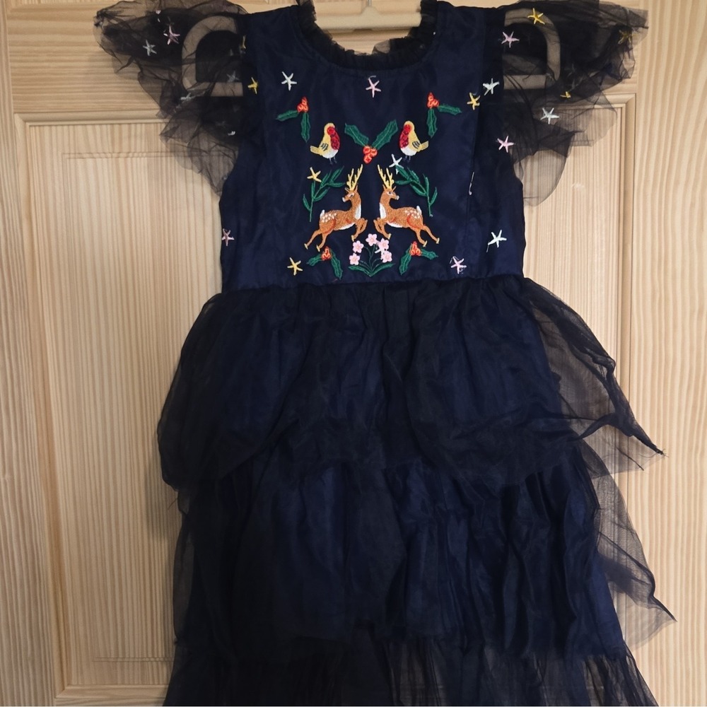 Mini Taylor Navy Tulle Tutu Dress 6-7Y Ruffle Sleeve Deer Stars Embroidered Zip